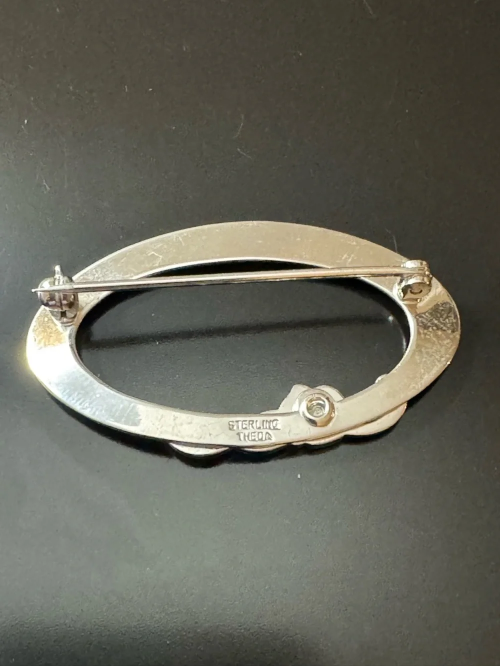 Vintage THEDA Sterling Silver Floral Brooch - Engraved Oval Frame - CZ Accents
